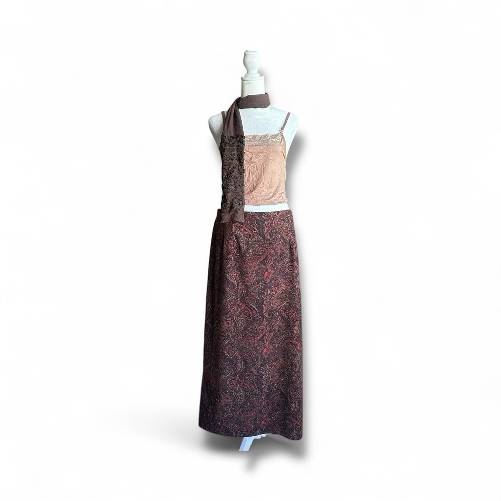 Women's Paisley Print Maxi Skirt 14 Brown Red Boho Chic Cottagecore Aesthetic